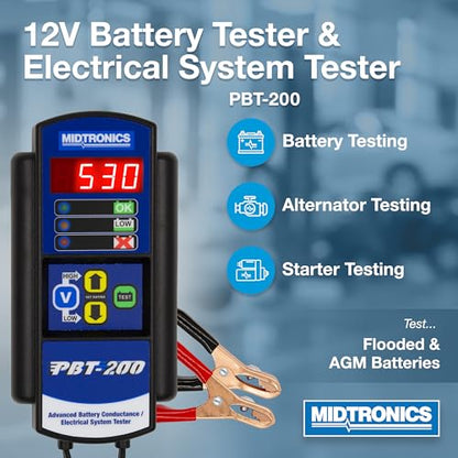 Midtronics - 12V Advanced Automotive Battery Diagnostic Tool Electrial System Tester, PBT-200 - 200-850 CCA Battery Load Tester Cranking and Charging System - Conductance Testing-Service Diagnostics