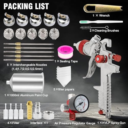 HVLP Spray Paint Gun Kits, Gravity Feed Automotive Paint Gun Kit with 5 Nozzles (1.4, 1.7, 2.0, 2.5, 3.0mm) and 1000cc Aluminum Cup. Suitable for Painting Cars - color: Silver Red