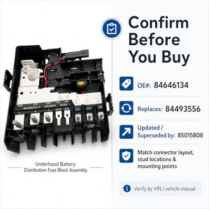Underhood Battery Distribution Fuse Block Assembly, Engine Compartment Fuse & Relay Box Junction Block, Battery Junction Block Replaces OE 84646134 84493556 (Superseded by 85015808) - Confirm Fitment