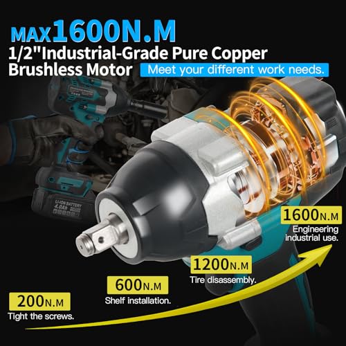 Cordless Impact Wrench, 1180Ft-lbs (1600N.m) Impact Wrench – 1/2 Inch 3-in-1 Impact Gun, 21V High Torque 2500RPM with 2 x 4.0Ah Battery, Brushless Impact Wrench Set for Car/Truck/Mower
