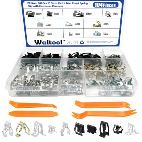 104Pcs Metal Auto Trim Panel Spring Clip Assortment Set with Removal Tools, 7.9/10/ 11/13.1/14.1/15.3/15.8/16/17.3/18.2mm Car U-Clip Moulding Fastener Compatible with Audi VW