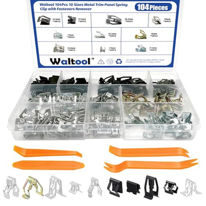 104Pcs Metal Auto Trim Panel Spring Clip Assortment Set with Removal Tools, 7.9/10/ 11/13.1/14.1/15.3/15.8/16/17.3/18.2mm Car U-Clip Moulding Fastener Compatible with Audi VW