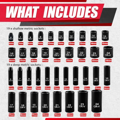 EACELIY 64pcs 3/8" Socket Set,Drive Impact Socket Set, SAE/Metric, Deep & Shallow, Cr-V Steel, 6 Point with Adapters, 72T Ratchet Handle, Extension Bars，Bit Adapter，6-24mm，5/16-1 inch - size: 64 PCS (5/16"-1")