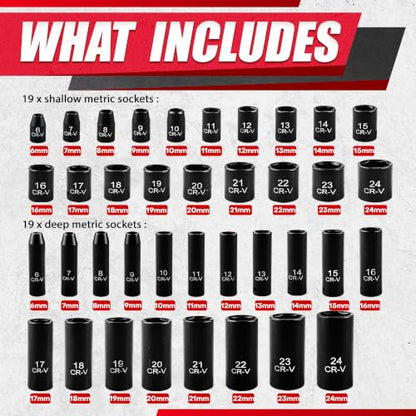 EACELIY 64pcs 3/8" Socket Set,Drive Impact Socket Set, SAE/Metric, Deep & Shallow, Cr-V Steel, 6 Point with Adapters, 72T Ratchet Handle, Extension Bars，Bit Adapter，6-24mm，5/16-1 inch - size: 64 PCS (5/16"-1")