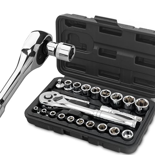 Hi-Spec 22pc Metric Socket Set 1/4” & 3/8” Drive with Ratcheting Wrench, Extension Bars in Compact Tool Case.