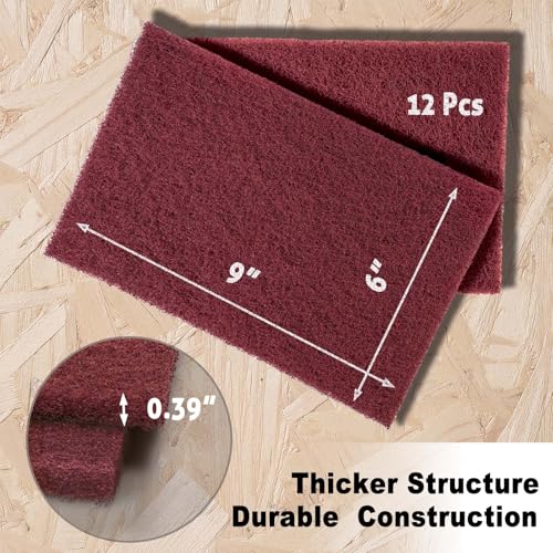 12-Pack 6"x9" Non-Woven Red Scuff Pads - Maroon P320 Aluminum Oxide Abrasive for Scouring, Sanding, Paint Primer Prep - Automotive, Auto Body, Woodworking, Surface Preparation (Maroon) - color: Maroon