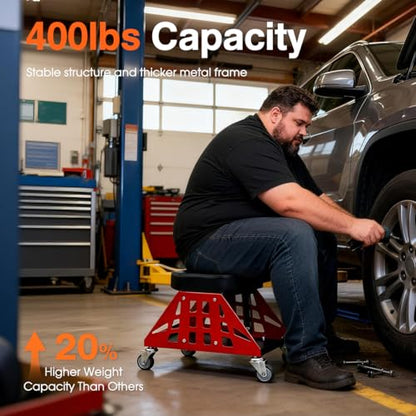 Mechanic Stool 400 LBS Capacity Garage Stool Gift for Men, Heavy Duty Rolling Mechanics Seat, Tools for Automotive Auto Repair (Red) - color: Red