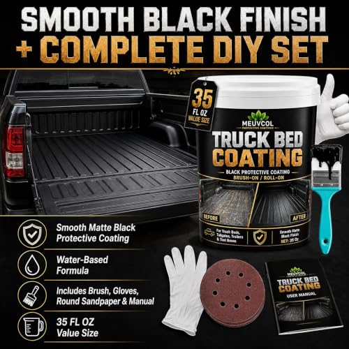 Meuvcol Truck Bed Liner Paint, 35 Oz Black Protective Coating for Pickup Beds, Tailgates, Trailers, Tool Boxes & Metal Surfaces, Brush-On or Roll-On Application with Brush, Gloves & Sandpaper