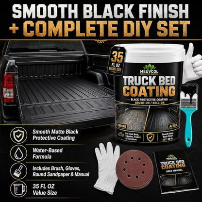 Meuvcol Truck Bed Liner Paint, 35 Oz Black Protective Coating for Pickup Beds, Tailgates, Trailers, Tool Boxes & Metal Surfaces, Brush-On or Roll-On Application with Brush, Gloves & Sandpaper