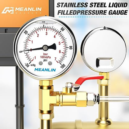 MEANLIN MEASURE -30inHG~100Psi Stainless Steel 1/4" NPT 2.5" FACE DIAL Vacuum Pressure Gauge, Lower Mount, with 1/2" NPT and 3/8" NPT Hex Bushing - size: -30inHG-100Psi