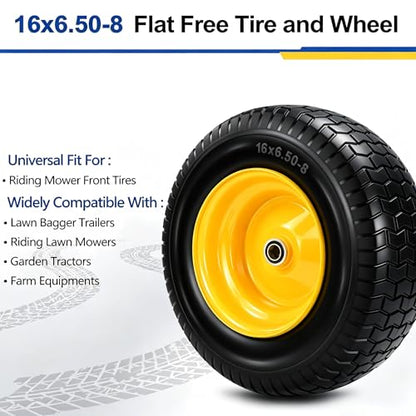 2 Pcs 16x6.50-8 Flat Free Tire and Wheel, 3" Offset Hub & 3/4" Bearings - size: 2 Pcs 16x6.50-8 Flat Free 3/4" Bearing