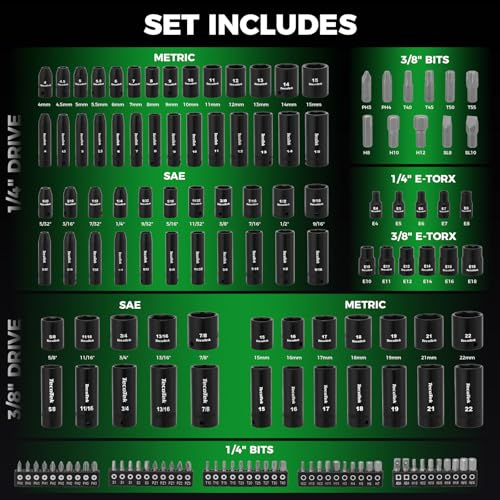 TecoTek 1/4" & 3/8" Dr. Impact Socket Set, 189 Piece Socket Wrench Set Mechanic Tools, Metric and SAE Full Set, CR-V, Deep & Shallow Socket with Ratchet Handle, Spark Plug Socket, Bits for Mechanic - style: 189-Piece 1/4" & 3/8" Drive Socket Set