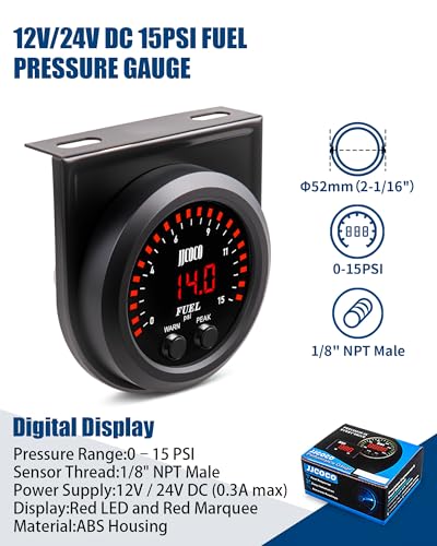 15PSI Fuel Pressure Gauge Kit with 1/8NPT Electronic Sensor and LED Digital Display Pressure Meter Mounting Bracket Ultra Thin for Car & Truck - 2-1/16" (52mm)