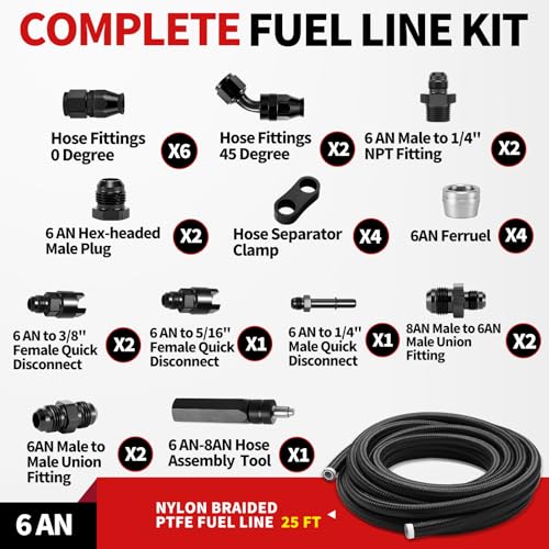 6AN PTFE Fuel Line Kit,Nylon Braided PTFE Hose 25FT & 6AN Fittings - color: Black, size: 6AN 25FT