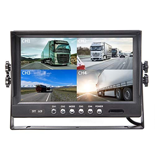 9" TFT LCD Car Rearview Quad Split Monitor,Remote Control, 4 Channels 4-PIN Connector Video Inputs Shockproof - 12V-24V 800480HD Screen w/Sunshade Anti-Glare