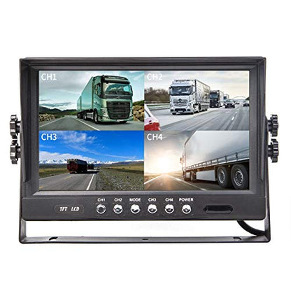 9" TFT LCD Car Rearview Quad Split Monitor,Remote Control, 4 Channels 4-PIN Connector Video Inputs Shockproof - 12V-24V 800480HD Screen w/Sunshade Anti-Glare