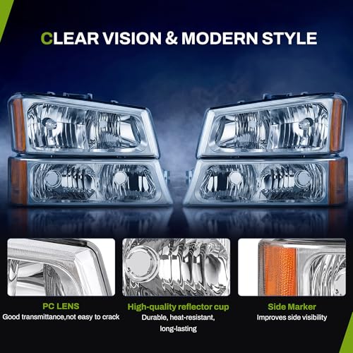 AUTOSAVER88 Headlight Assembly Compatible with 2003-2006 Chevy Silverado - color: OE- Chrome/Amber/Clear
