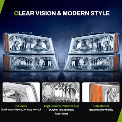 AUTOSAVER88 Headlight Assembly Compatible with 2003-2006 Chevy Silverado - color: OE- Chrome/Amber/Clear