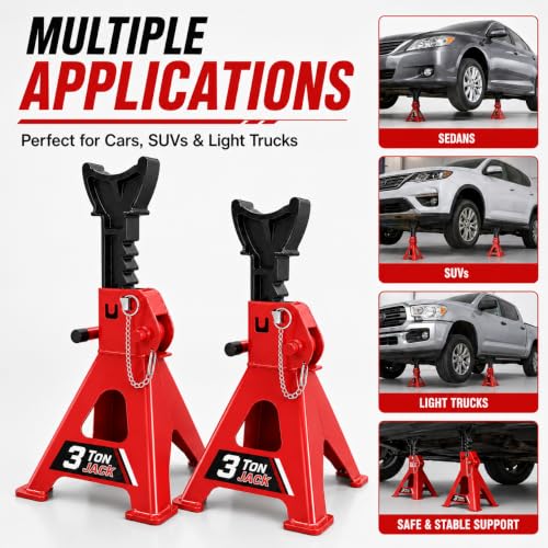 Jack Stands, Car Trailer Jack Stands Double Locking, Floor Jack 3 Ton (6,000 lbs) Capacity 10.8-16.3 inch Adjustable Height, for Lifting SUV, Pickup Truck, Car and UTV/ATV, Red, 1 Pair - color: Red