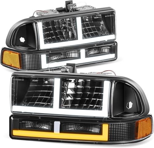 Auto Dynasty LED DRL Headlights Assembly Compatible with 1998-2004 Chevy Blazer S10, 4Pcs Headlamps wIth Bumper Lamps, F Style LED Switchback DRL, Black Housing Amber Corner - color: Black / Amber, size: F-Style LED DRL