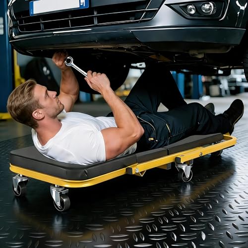 YELLOW JACKET Mechanic Creeper Stool, 40 Inches Extended 2-in-1 Foldable Z-Creeper Rolling Garage Seat with Wheels, Heavy Duty Steel Auto Repair Garage Stool for Shop, 330 LBS Capacity - size: 40 inch