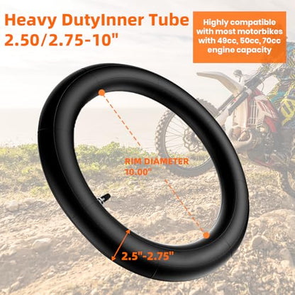 2.5-10" Off-Road Tire and Inner Tube Set - Dirt Bike Tire with 10-Inch Rim and 2.5/2.75-10 Dirt Bike Inner Tube Replacement Compatible with Honda CRF50/XR50, Suzuki DRZ70/JR50, and Yamaha PW50