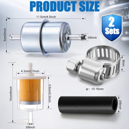 Tallew 2 Sets Universal In-line Fuel Filter Kit with 3/8" Clamp-on Inlet Outlet, Fuel Line Hose, Hose Clamps, Metal and Clear Filter Max Pressure 60 Psi for Lawn Mower, Tractor, Small Engine