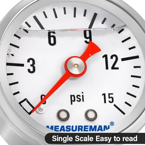 MEASUREMAN 1-1/2" Dial Size, Glycerin Filled Fuel Pressure Gauge, 304 Stainless Steel case, 0-15Psi, 3-2-3%, 1/8" NPT Back Mount - size: 0-15 psi, style: Back Mount