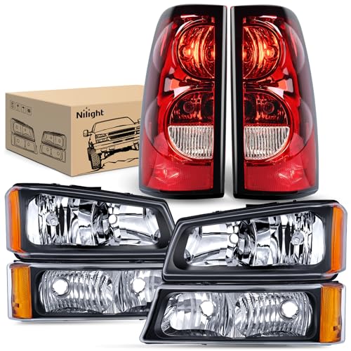 Nilight Headlight & Taillight Assembly Combo for 2003-2006 Chevy Silverado - color: Black Housing + Amber Reflector + Taillight