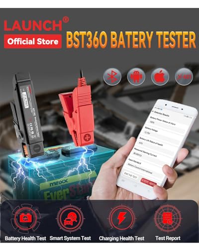 LAUNCH BST360 Bluetooth Battery Tester - 12V Car Battery Analyzer with Charging System & Cranking Tests, Compact Battery Test Clip for Cars, Trucks, RVs, Motorcycles, and Boats