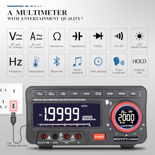 ZOYI Bluetooth Speaker Multimeter with Voice Broadcast, Time and Alarm, Auto-ranging Multimeter(19999) with True RMS, AC/DC V/A, Capacitance, Resistance, Diodes, Continuity, Frequency, Temperature
