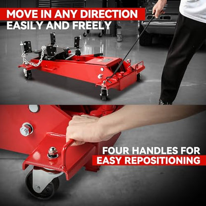 Auto Dynasty Universal Garage Low Profile Hydraulic Transmission Jack, 1.5 Ton (3306 lbs) Capacity, Lifting Range 9.1" (Min) to 36.6" (Max), Alloy Steel