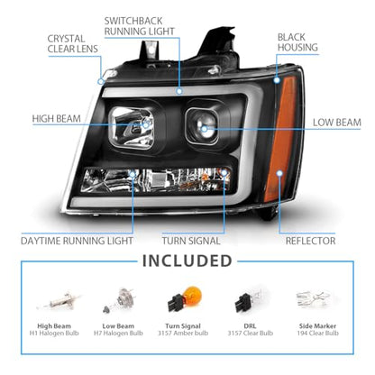 AmeriLite for 2007-2013 Chevy Avalanche/Suburban/Tahoe Switchback LED Tube Turn Siganl Projector Black Replacement Headlights Pair - Passenger and Driver Side - color: Black Projector Switchback LED Bar