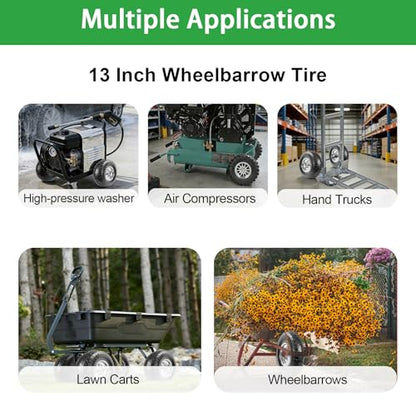 4.00-6 Flat Free Wheelbarrow Tire, 13" Wheelbarrow Wheels and Tires with 5/8" or 3/4" Bearings, 1.75" Centered Hub for Garden Carts, Hand Truck Replacement Wheel(2 PCS) - size: 2 PCS
