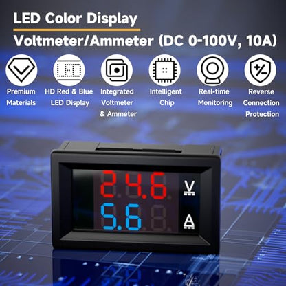 2Pack 0.28" Digital Voltmeter Ammeter DC 0-100V 10A, Red & Blue Dual LED