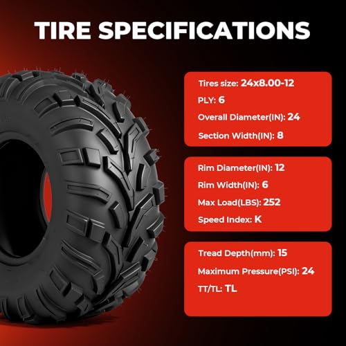 ATV UTV Tires 24x8-12,6-Ply Tubeless Tires,Directional,Set of 2 - size: 24x8-12