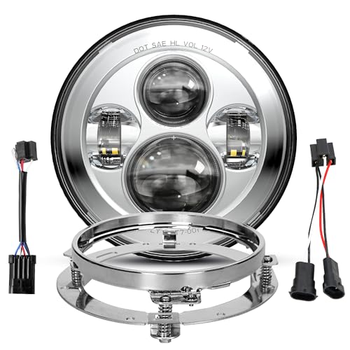 Dot Approved 7Inch Chrome LED Headlight with Mounting Bracket Compatible with Motorcycle Tour,FLD,Softail Heritage,Street Glide,Road King,Electra Glide,Yamaha V-Star Road Star Wrangler - color: Chrome