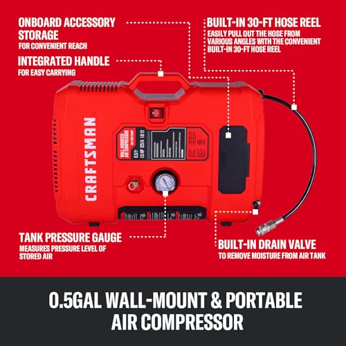 CRAFTSMAN Wall Mount Air Compressor With 8 PCS Accessory Kit, Tire Inflator Portable & Quiet Air Compressor with Retractable 30ft Air Hose, Mini Tank 125 PSI MAX Pressure & 1.5 HP for Garage and Home