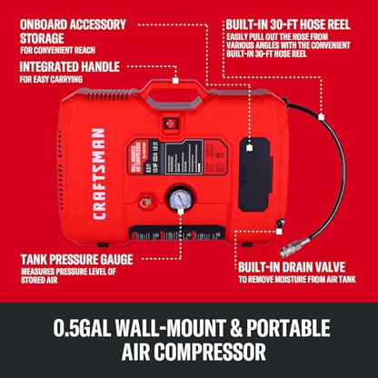 CRAFTSMAN Wall Mount Air Compressor With 8 PCS Accessory Kit, Tire Inflator Portable & Quiet Air Compressor with Retractable 30ft Air Hose, Mini Tank 125 PSI MAX Pressure & 1.5 HP for Garage and Home