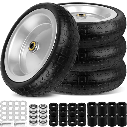 13 Inch Flat Free Wheels Tires 4.00-6 Solid Replacement with Universal 5/8" Axle Bore Hole, 16 Spacers and 8 Pins, for Wheelbarrow, Garden Wagon, Hand Truck, Trolley, Lawn Mower, 4 Pack - color: Silver, size: 13" - 4P