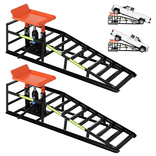 5 Ton Hydraulic Car Ramps, Heavy Duty Vehicle Lift with Reflective Strips for Night Use, Low Profile Adjustable Height 9.8" to 15", Portable Auto Service Ramps for Oil Changes Garage&Truck Maintenance