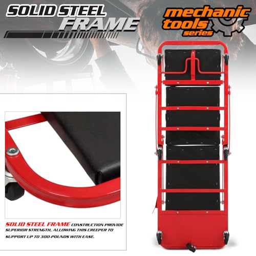 M-AUTO Heavy-Duty Convertible Mechanic Creeper, Z-Creeper 2-in-1 Creeper and Seat 48" Padded Adjustable Headrest Roller Garage Chair with 7 Swivel Casters for Washing, Detailing, Maintenance, Red - color: Red, size: 48"