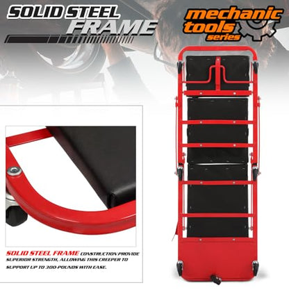 M-AUTO Heavy-Duty Convertible Mechanic Creeper, Z-Creeper 2-in-1 Creeper and Seat 48" Padded Adjustable Headrest Roller Garage Chair with 7 Swivel Casters for Washing, Detailing, Maintenance, Red - color: Red, size: 48"