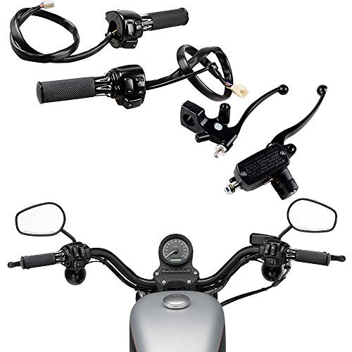 for 1996-2012 Softail Dyna Sportster V-Rod 1 inch Handlebar 2X Switches Control with Wiring Harness and Left Right Master Cylinder Reservoir Brake Lever and 1 Pair of Hand Grips - color: Black, size: Handlebar Switch + Brake Levers + Grips (2)