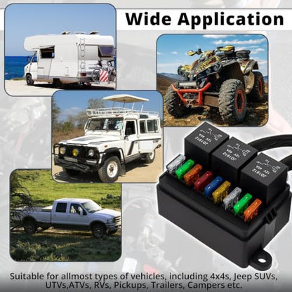 12V 9Way Pre-Wired Fuse and Relay Box Kit with 3 x 40A 4-Pin Relays & 9 ATC/ATO Fuses for Car, Truck, Vehicle - size: 40A 3 Relay 9 Fuse