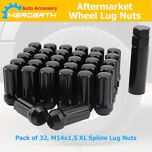 32+1 Black 7 Spline XL Lug Nuts M14x1.5 2" Closed End Conical Bulge Seat - size: 14mm × 1.5, style: 32 Count