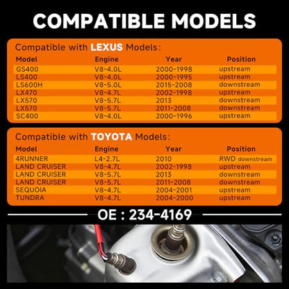 Upstream & Downstream O2 Sensor Set|Direct Replacement for OE #234-4169 |Oxygen Sensor Compatible Lexus, for Toyota V8-4.0L/4.7L/5.0L/5.7L |Direct-Fit for 1995-2015 Models INCLUDES GLOVES - size: 234-4169