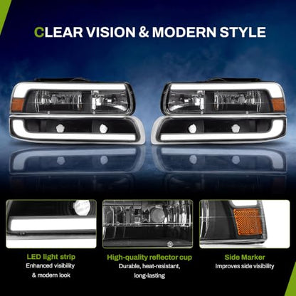 AUTOSAVER88 LED Headlight Assembly Compatible with 99-02 Chevy Silverado - color: Black Amber