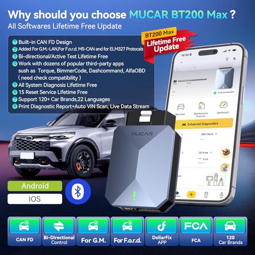 MUCAR AI-Assisted OBD2 Scanner Bluetooth Lifetime Update, BT200 MAX Compatible with ELM327, All System OBD2 Diagnostic Tool with 15 Resets for iOS & Android, CANFD Protocol, Autoauth for FCA SGW