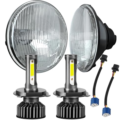 Compatible with jeep Wrangler TJ 1997-2006 H4/9003 LED Headlight Bulbs + 7 Inch H6024 Glass Round Headlight Housing,High Low Dual Beam,Original Classic Look Conversion Pair Kit Pair